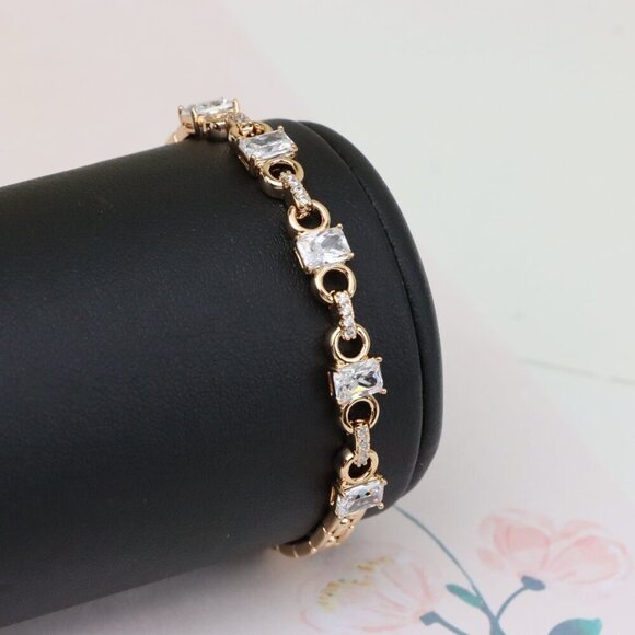 "Rose Gold Plated Bracelet with Square CZ Stones & Chain Extender, XPBL0956 - Picture 7 of 12